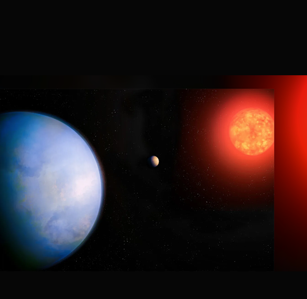 An artist's conception of GJ 251 c, showing the planet (left), its host star (right), and a previously discovered planet that orbits closer to the star (middle).
