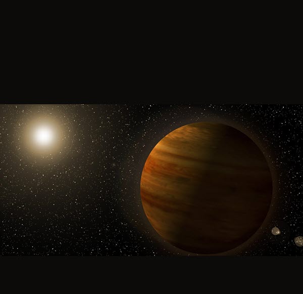 This artist’s illustration visualizes a super-Jupiter orbiting an orange dwarf star at a distance similar to Jupiter’s distance from the Sun.