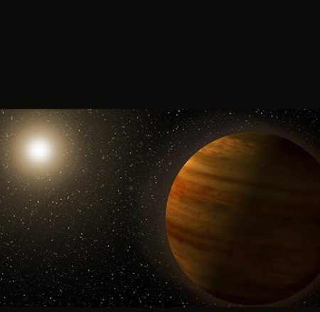 This artist’s illustration visualizes a super-Jupiter orbiting an orange dwarf star at a distance similar to Jupiter’s distance from the Sun.