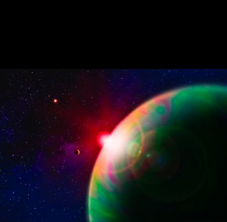 This artist's illustration of Gl 725 B c shows a large, vibrant green and rainbow-tinged planet dominating the foreground, illuminated on its crescent edge by a bright red dwarf star emerging from behind it. Further  in the star-dappled space background, two smaller red celestial bodies and a faint third point float as distant orbital companions.