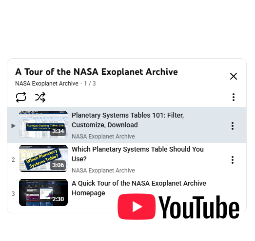 this is a screenshot of a new playlist on the archive's YouTube channel showing three video demos: Planetary Systems Tables 101: Filter, Customer, Download; Which Planetary Systems Table Should You Use?; and A Quick Tour of the NASA Exoplanet Archive Homepage