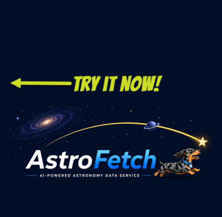 This graphic is the logo for the AI-powered astronomy data service assistant AstroFetch. The graphic features an drawing of a dachsund named Herschel chasing a five-pointed yellow star with an exoplanet trailing behind them.