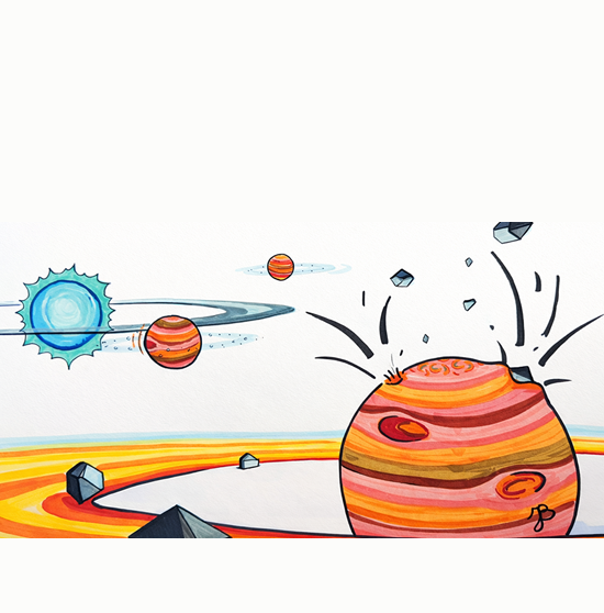 this image is a drawing of three exoplanets that look like Jupiter in size, color, and texture orbiting a host star. The largest planet in the foreground on the right is growing through core accretion, where solid cores gradually grow in a disk by pulling in rocky and icy pebbles until they become massive enough to attract the gas that surrounds young stars.