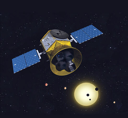 This is an artist's illustration of a wide-angle composition set in deep space, featuring NASA's TESS satellite in the foreground, a large exoplanet in the mid-ground, and its host star in the background. TESS has a gold-toned, hexagonal body and attached to its sides are two large, rectangular solar panels extending outwards, glowing with a metallic blue and gold sheen as they catch the light. On the top of the spacecraft (the side facing the observer), four distinct circular camera lenses are visible. These represent the wide-field cameras TESS uses to monitor large swaths of the sky for planet transits.